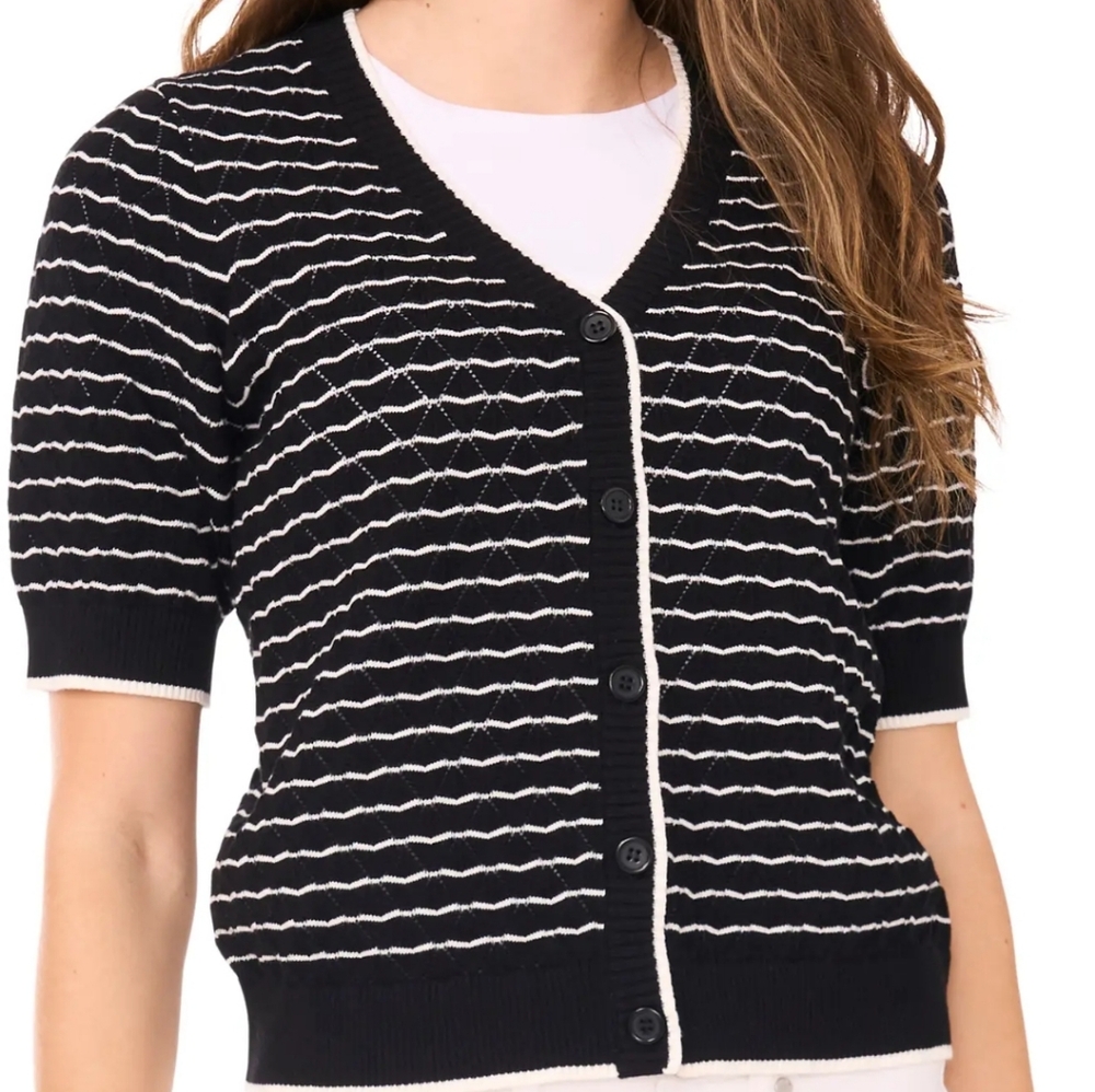 Stripe Pointelle Cotton Button-Up Sweater